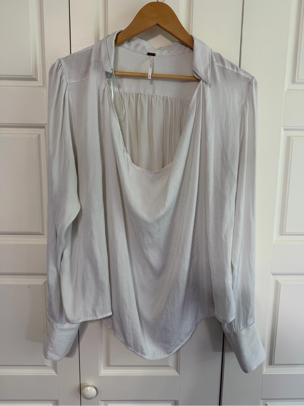 Free People Pale Gray Draped Cowl Neck Long Sleeve Blouse